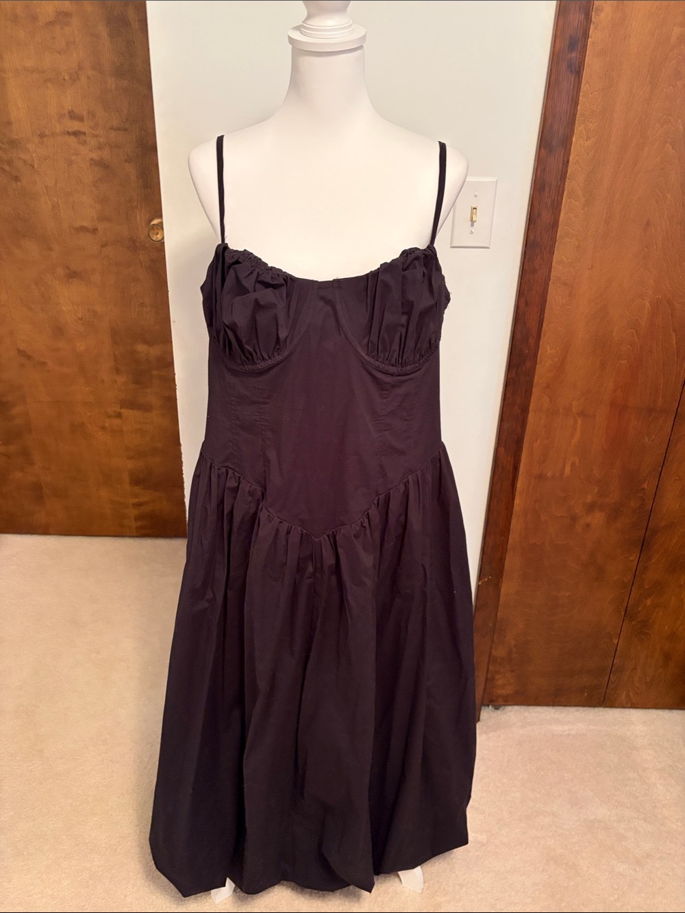 Black Spaghetti-Strap Midi Dress with Fitted Bust
